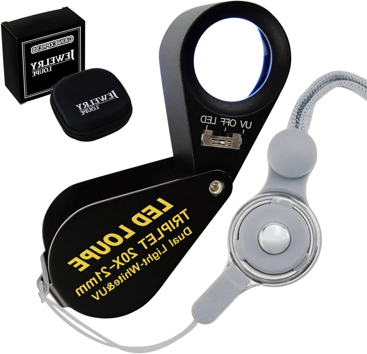 20x Loupe Vergrootglas met LED en UV Licht - Triplet Lens voor het Inspecteren van Diamanten en Edelstenen - Opvouwbaar en Inclusief Draagtas met Zwart Frame
