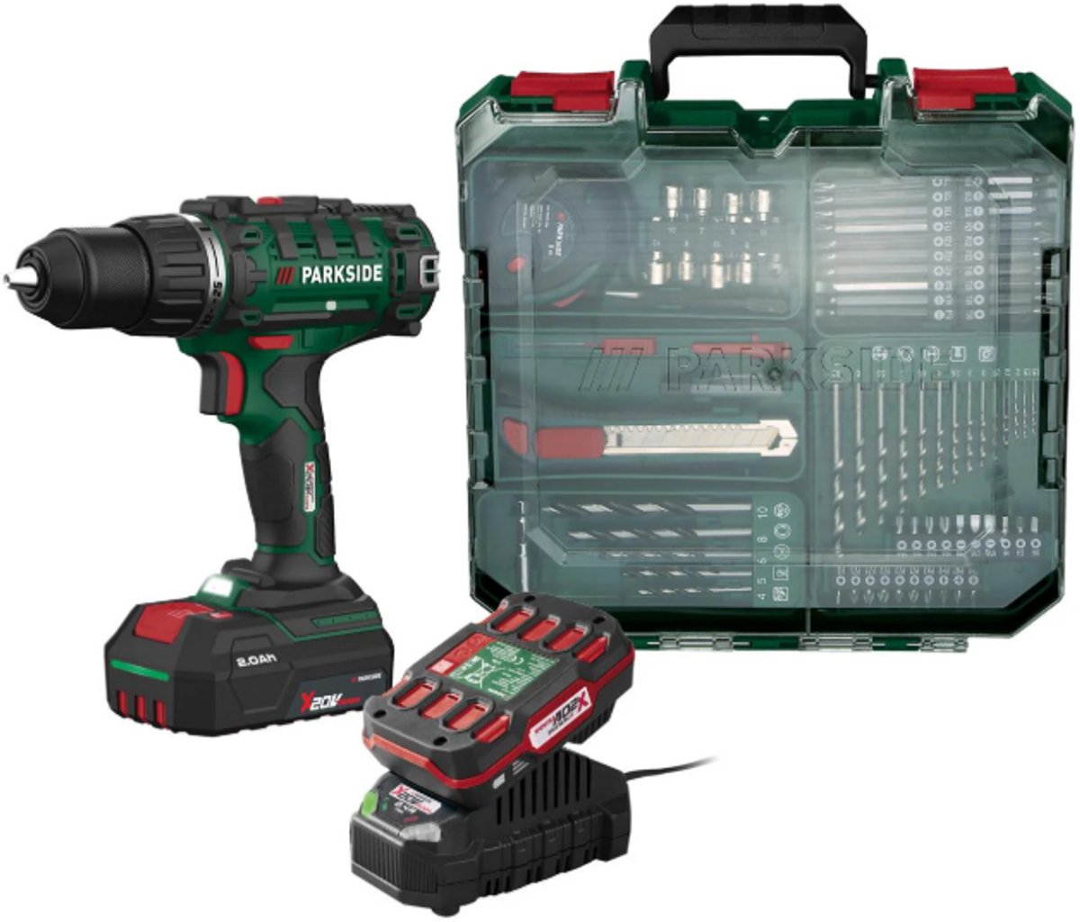 Parkside Accu Schroef-boormachine set 20V - Toerental: 0-400 min-¹ (1e versnelling) | 0-1400 min-¹ (2e versnelling) - Draaimoment: 40 Nm - Boordiameter: max. 30 mm (hout) | 13 mm (staal) - Inclusief: 2 accu's, 1 oplader en 73-delige toebehorenset