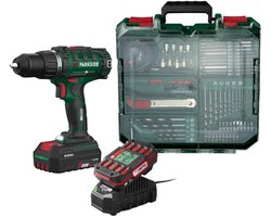 Parkside Accu Schroef-boormachine set 20V - Toerental: 0-400 min-¹ (1e versnelling) | 0-1400 min-¹ (2e versnelling) - Draaimoment: 40 Nm - Boordiameter: max. 30 mm (hout) | 13 mm (staal) - Inclusief: 2 accu's, 1 oplader en 73-delige toebehorenset