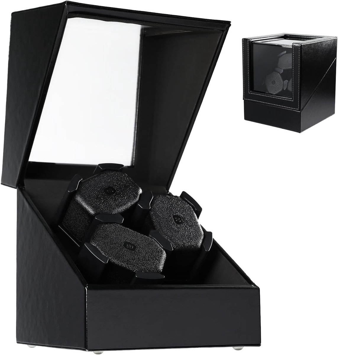 Automatische Horloge Winder voor 3 Horloges, Geluidsarme Motor, Slimme Lichtsensor, 2 Rotatiemodi en Geheugen Schuim Kussens, Luxe Kunstlederen Buitenkant