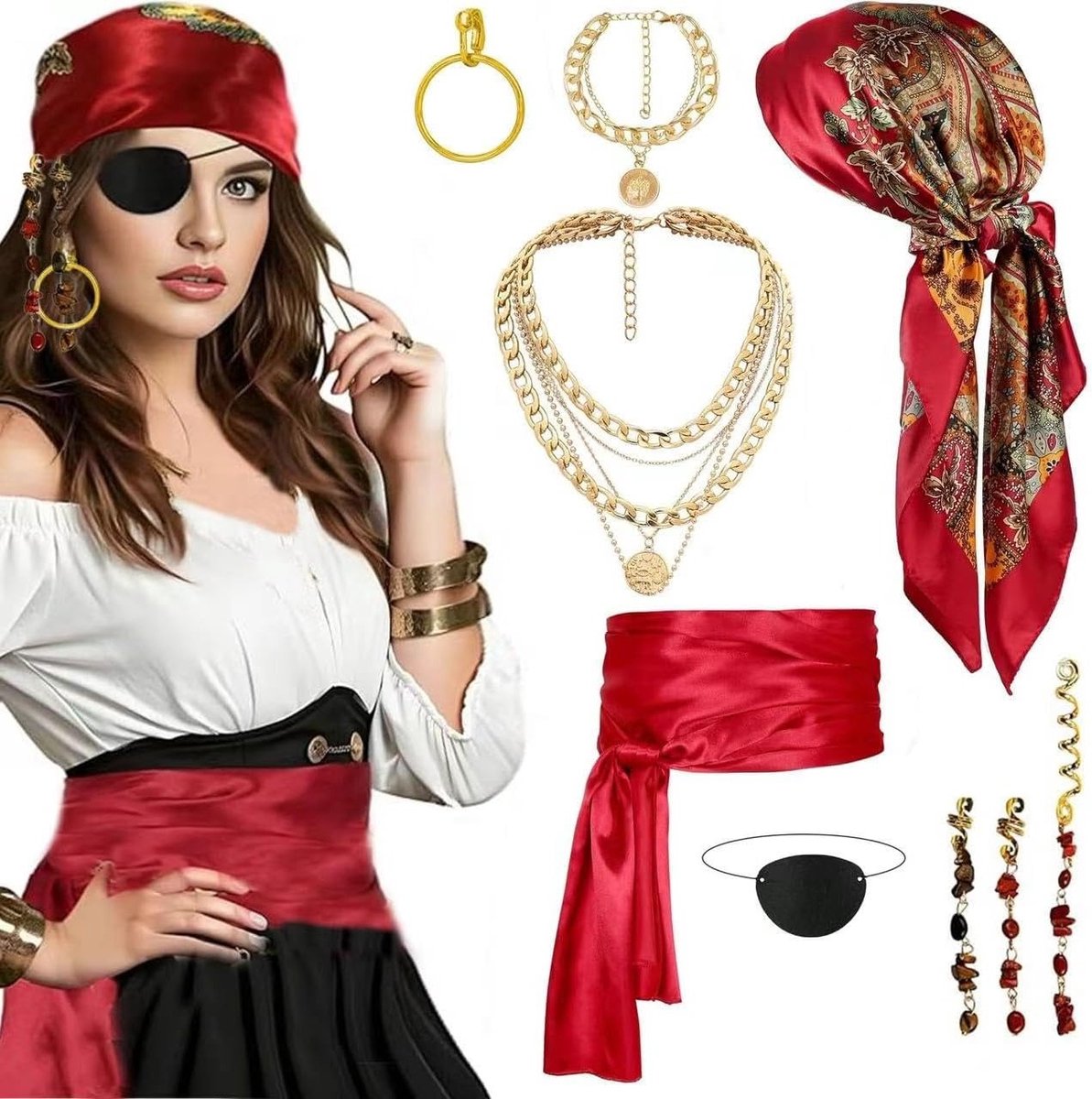 Piratenkostuum voor vrouwen met 9 accessoires, inclusief hoofddeksel, ooglap en sieraden voor carnaval