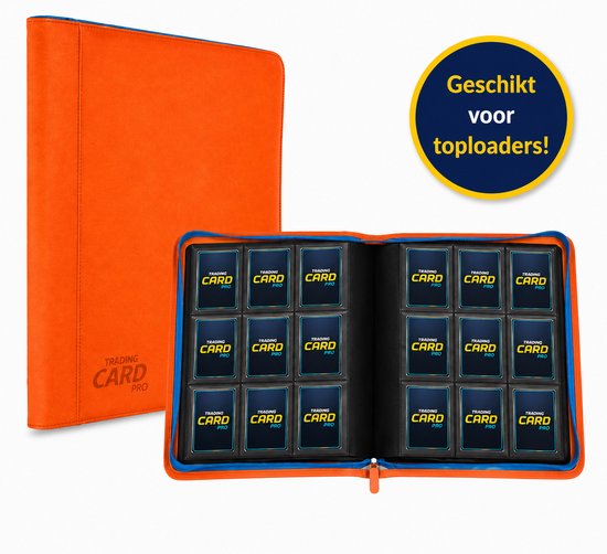 TradingCardPro® Toploader Verzamelmap met Ritssluiting - Geschikt voor Pokemon kaarten – 288 Kaarten – 16 pagina’s – 9 Pocket - Binder – Oranje met blauwe details