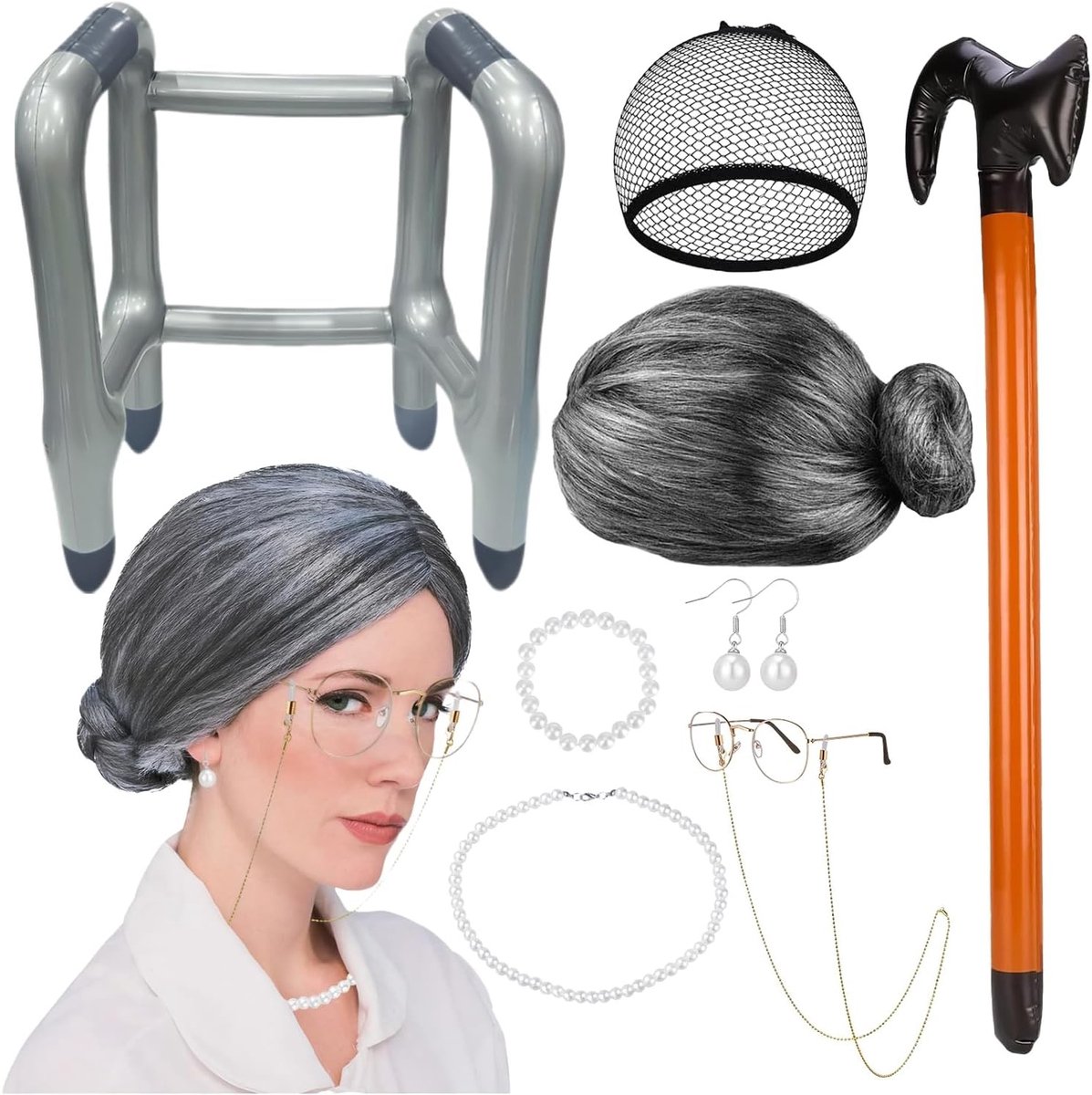 Grijze Perücke en Accessoires voor Halloween en Carnaval - Kostuum voor Grootouders met Bril, Kettingen, Oorbellen en Loopstokken