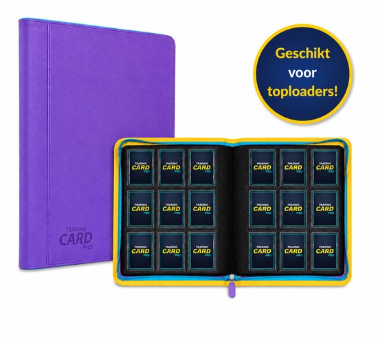 TradingCardPro® Toploader Verzamelmap met Ritssluiting - Geschikt voor Pokemon kaarten – 288 Kaarten – 16 pagina’s – 9 Pocket - Binder – Paars met gele details