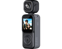 Camigoo® Q3 Pro – 4K Mini Action Camera – Draagbare Actie Camera – Dual Lens Voor & Achter – Incl. 64GB SD Kaart – 150° Groothoek – WiFi Met APP – 180° Draaibaar – 2000mAh Batterij – Loop Recording – Compacte Vlog Camera met Scherm – Zwart