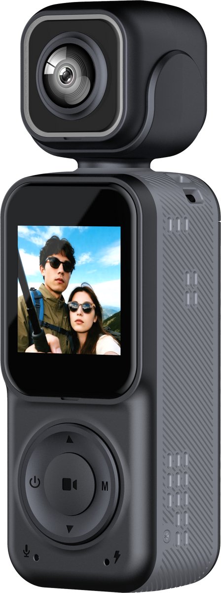 Camigoo® Q3 Pro – 4K Mini Action Camera - Draagbare Actie Camera - Dual Lens Voor & Achter - Incl. 64GB SD Kaart - 150° Groothoek – WiFi Met APP - 180° Draaibaar - 2000mAh Batterij - Loop Recording - Compacte Vlog Camera met Scherm - Zwart
