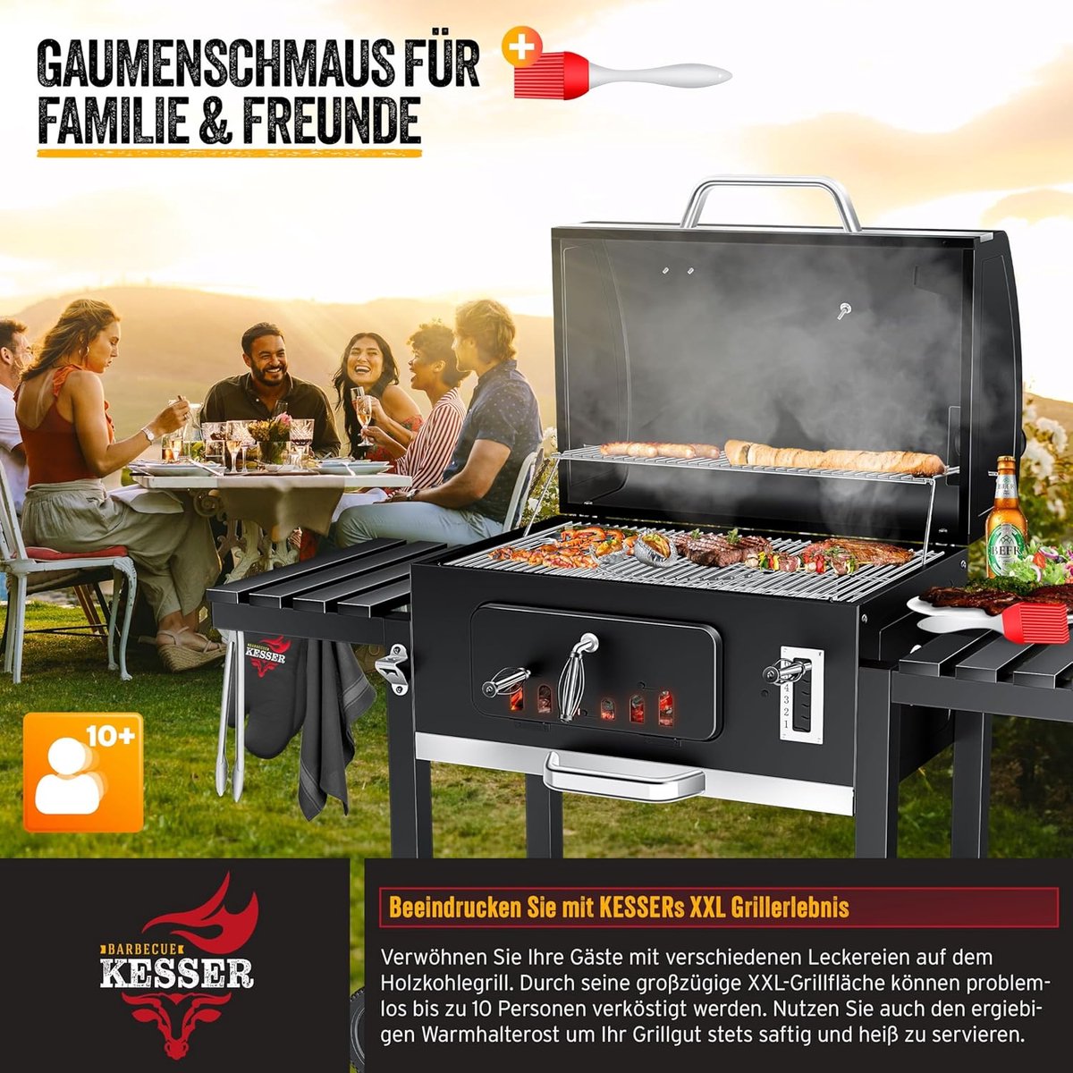 Houtskool Barbecue Grillwagen XXL met Deksel en Thermometer – House&Garden Ultimate Smoker BBQ Set – Grote Kolenbarbecue met Gietijzeren Grillrooster, Wokpan, Pizzasteen, Warmhoudrek, Ventilatie en Accessoires – 153 cm Buiten Grill