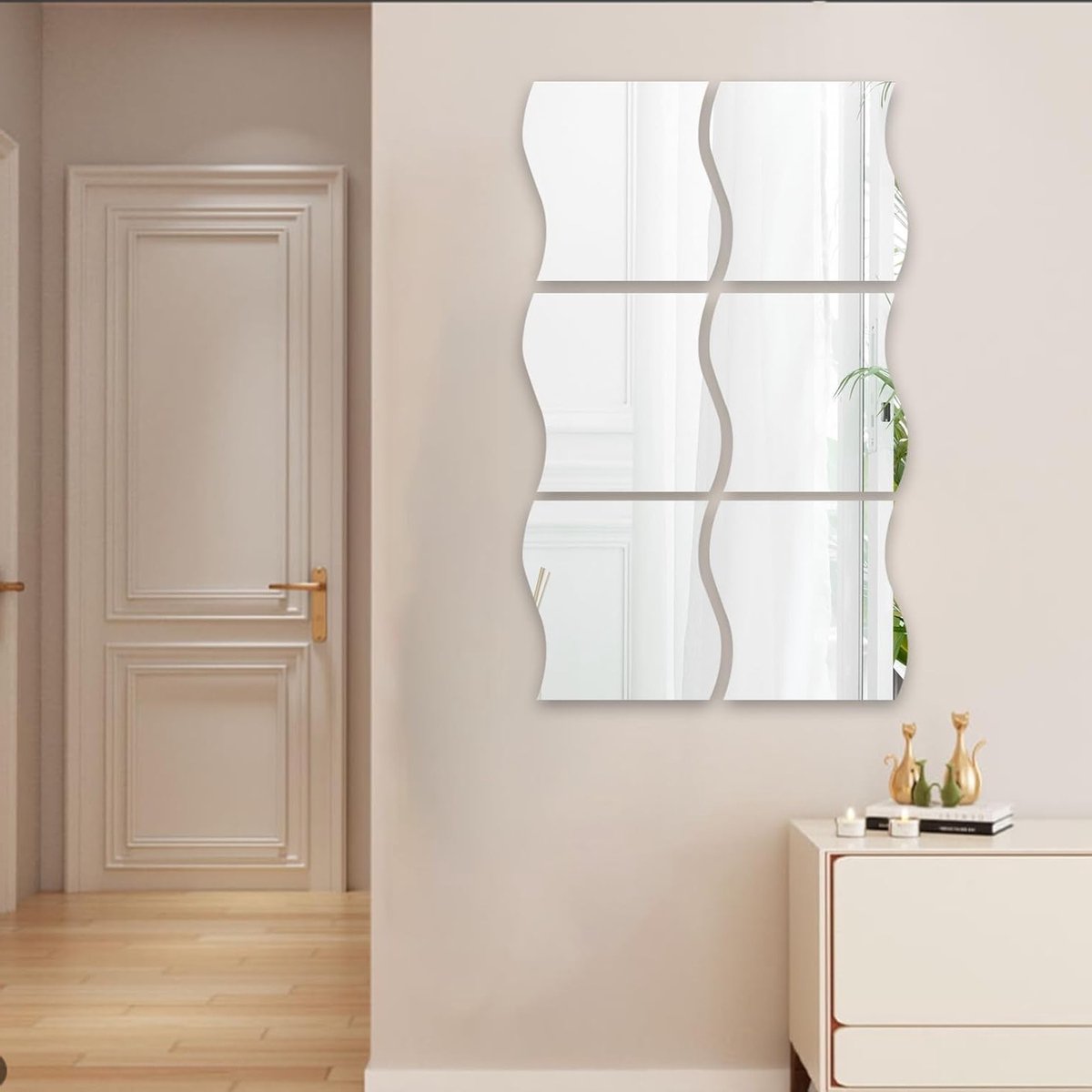 Wavy Spiegel Wandstickers, 6 Stuks Zelfklevende Acryl Spiegels voor Decoratie van Slaapkamer, Badkamer en Woonkamer, Ideaal voor Sportzaal en Gang