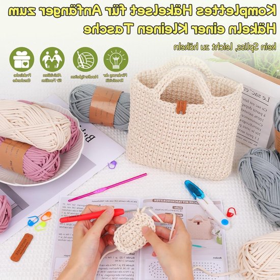 Beginner Haakset met 4.5 mm Haak en Instructiehandleiding - 5 mm Dikke Wol, Kleine Handtas, Creatieve Cadeaus voor Meisjes en Gezinnen — afbeelding 2