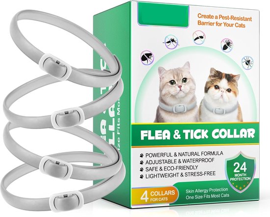 Verpakking van 4 grijze vlooien- en tekenhalsbanden voor katten. De verpakking toont katten en de tekst "24 MONTH PROTECTION".