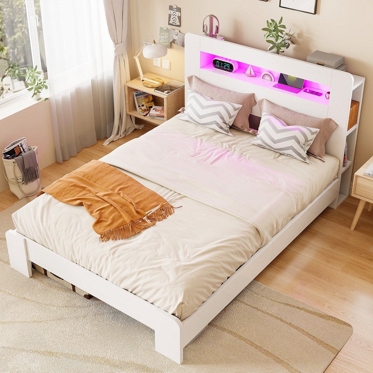 Sweiko Houten bed - 140 x 200 cm - Opbergruimte - LED-verlichting - Inclusief oplaadpunt - Wit
