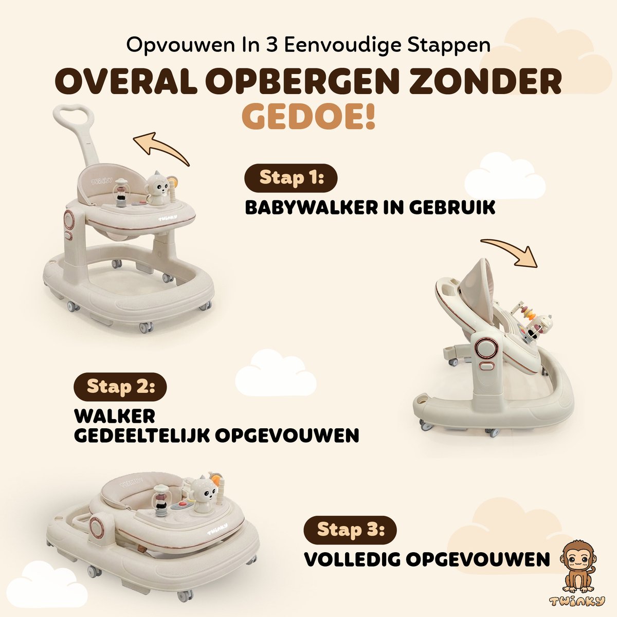 Twinky® Babywalker GO - 4-in-1 Loopstoel Baby & Loopwagen met 3-delige speelset – Loopstoeltje & Loopkar Inklapbaar inclusief Voetenmat en Steel – foto 5