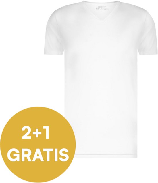 Wit Ten Cate V-hals shirt met korte mouwen. Cirkel met '2+1 GRATIS'.