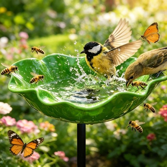 Vogelbadje - Vogeldrinkbakken - 15 x 15 x 60cm - Metaalbloemen-tuinpaal-vogeldrinkbak - Vogelbad voor Buiten - Kleurrijke Drinkbak voor Vogels, Vlinders en Bijen - voor Buiten voor Tuin-, Gazon- en Terrasdecoratie - Groen