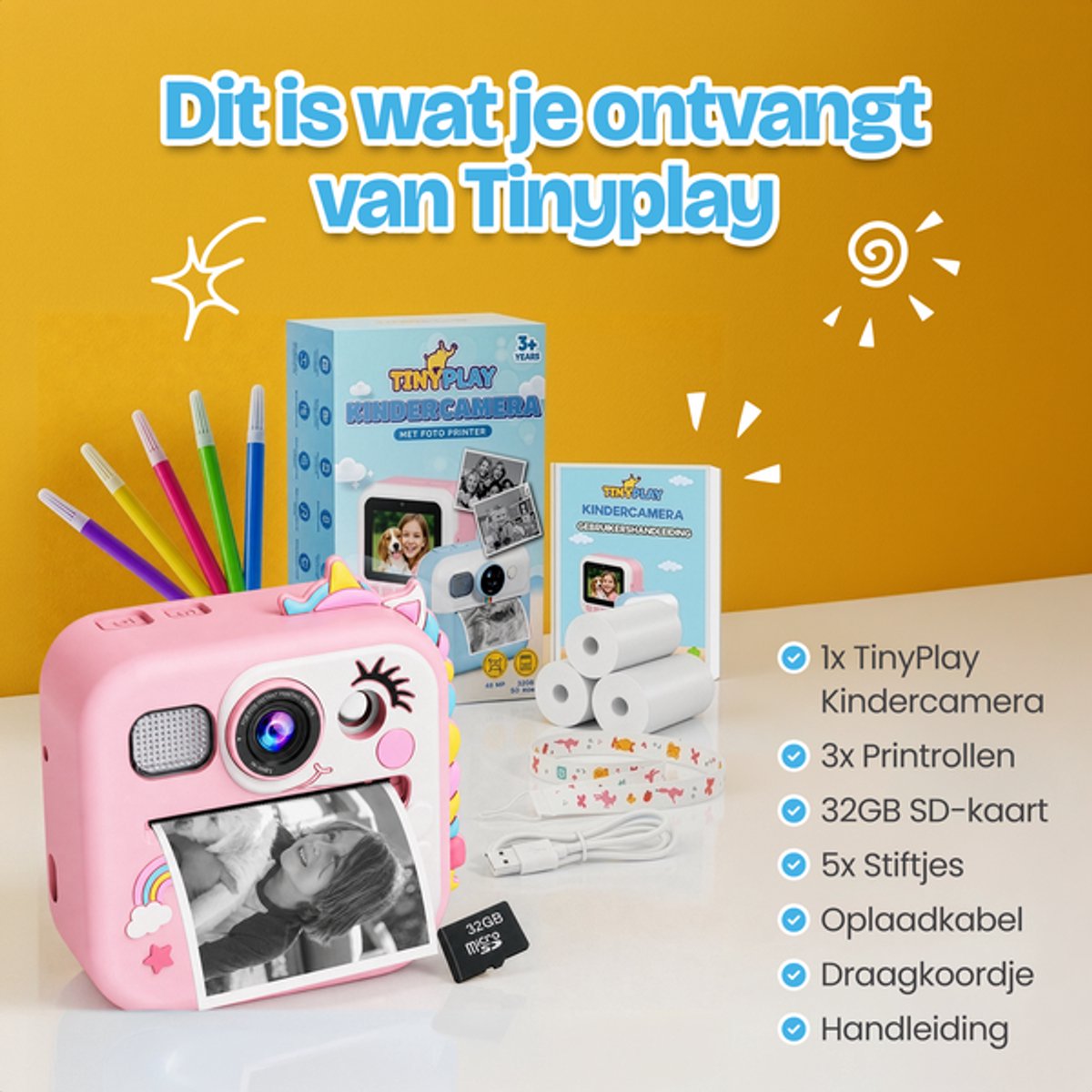 TinyPlay Kindercamera met foto printer - Siliconen Hoes - 48MP - Digitale Camera Kinderen - 32GB SD kaart - Full HD Foto en Video - Spelletjes - Fotoprinter - Kinder camera - Digitale kindercamera - Roze — afbeelding 4