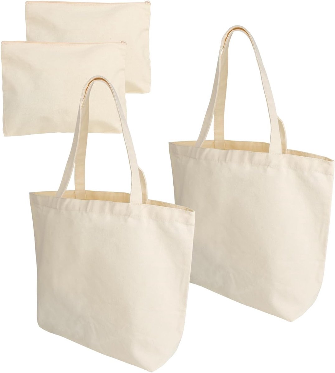 Set van 4 DIY Lege Katoenen Tassen, 2 Grote Shop Tassen 45 x 35 x 10 cm, 2 Toilettassen met Rits voor Reizen en Dagelijks Gebruik, Beige Kleur