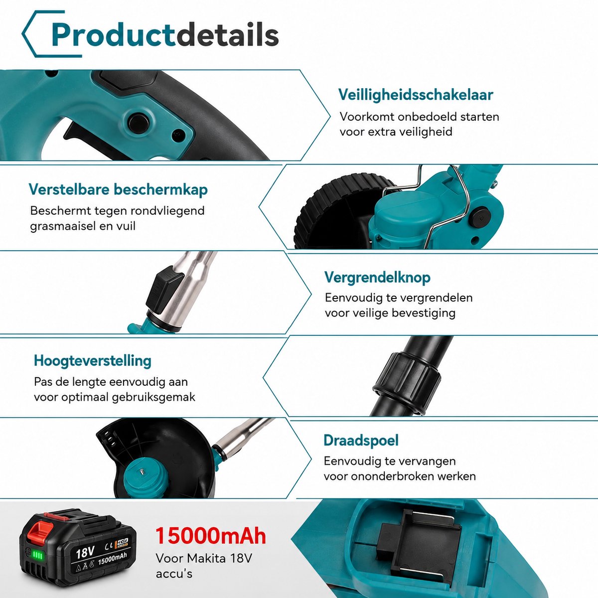 Onkruidborstel - Grasmaaier - Elektrische Snoeischaar - 2 Accu's - 1500 Watt - 15000 MaH - Telescopische Buis - 3 Verschillende Snijbladen – foto 8