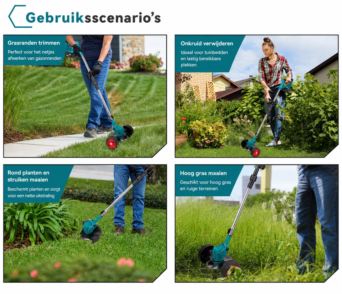 Onkruidborstel - Grasmaaier - Elektrische Snoeischaar - 2 Accu's - 1500 Watt - 15000 MaH - Telescopische Buis - 3 Verschillende Snijbladen – foto 4