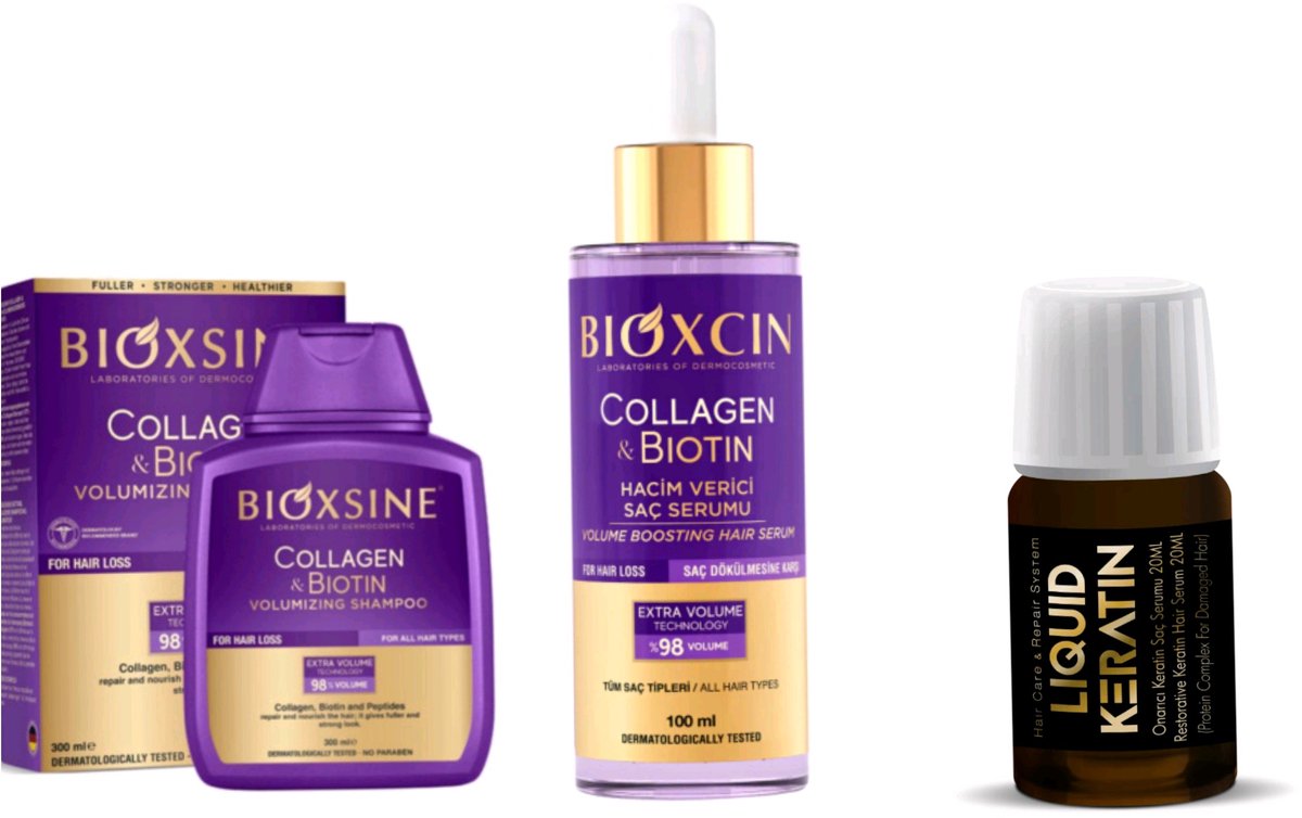 Bioxcin Collageen & Biotine Volume Haarverzorgingset - Shampoo 300 ml + Collageen & Biotin Haar serum 100 ml +Pure keratine haarvserum (20 ml) - (Tegen haaruitval) - collageen Biotin shampoo - biotin for hair - haarverzorging - volume shampoo