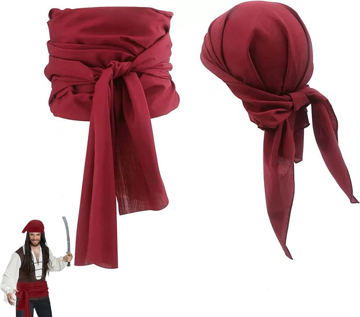 Piratenkostuum Accessoireset voor Halloween en Carnaval, inclusief Sjerp en Bandana voor Volwassenen en Kinderen, Donkerrood, Geschikt voor Feestjes en Theatrale Optredens