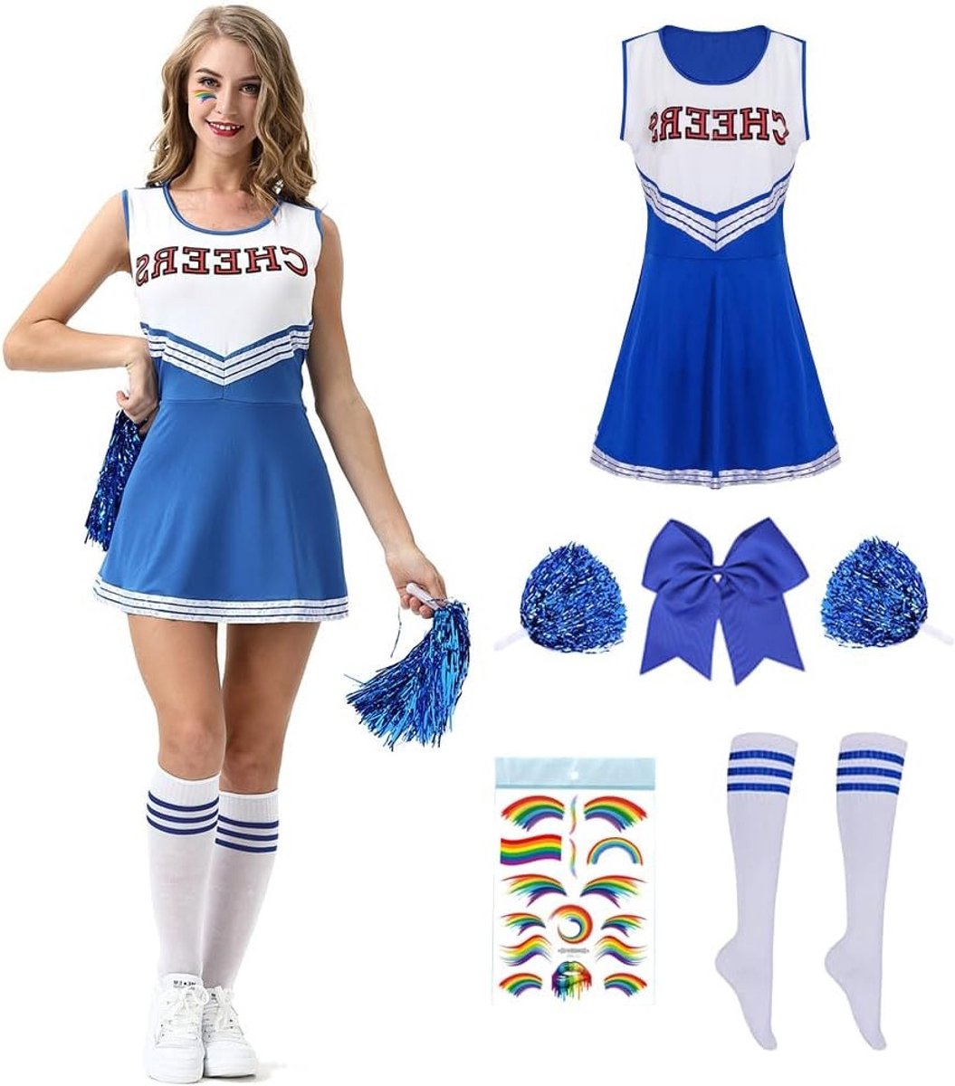 Cheerleader Kostuum voor Dames, Maat S, Inclusief Pompoms en Sokken, Perfect voor Carnaval en Halloween Feesten