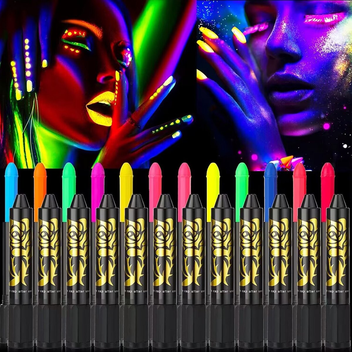 Schminkstiften - Schmink Set Krijtjes - 12 Stuks Kleuren -Fluoriserend UV Neon Glow in the Dark Krijtjes-Giftige Gezichtsverfkrijtjes voor Halloween Cosplay Make-up-Helderste Glow onder UV-Licht — afbeelding 2