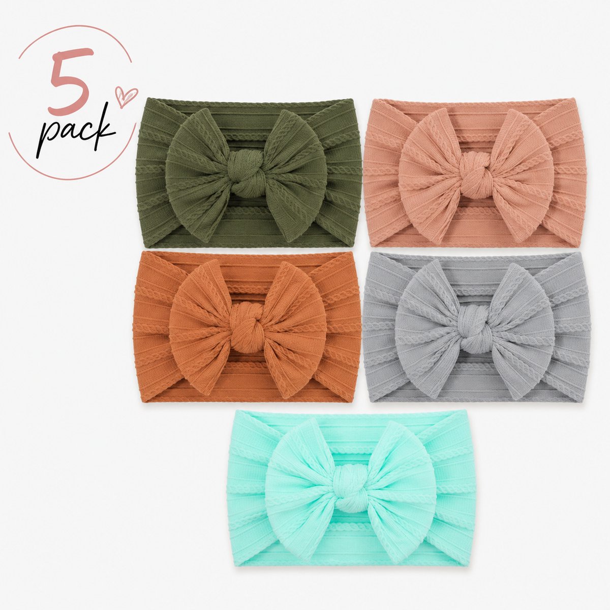 Haar in Stijl Haarband Heidi 5 pack - Brede en zachte baby haarband met een strik | haaraccessoires voor meisjes kinderen | bruin lichtgroen groen grijs beige cadeauset