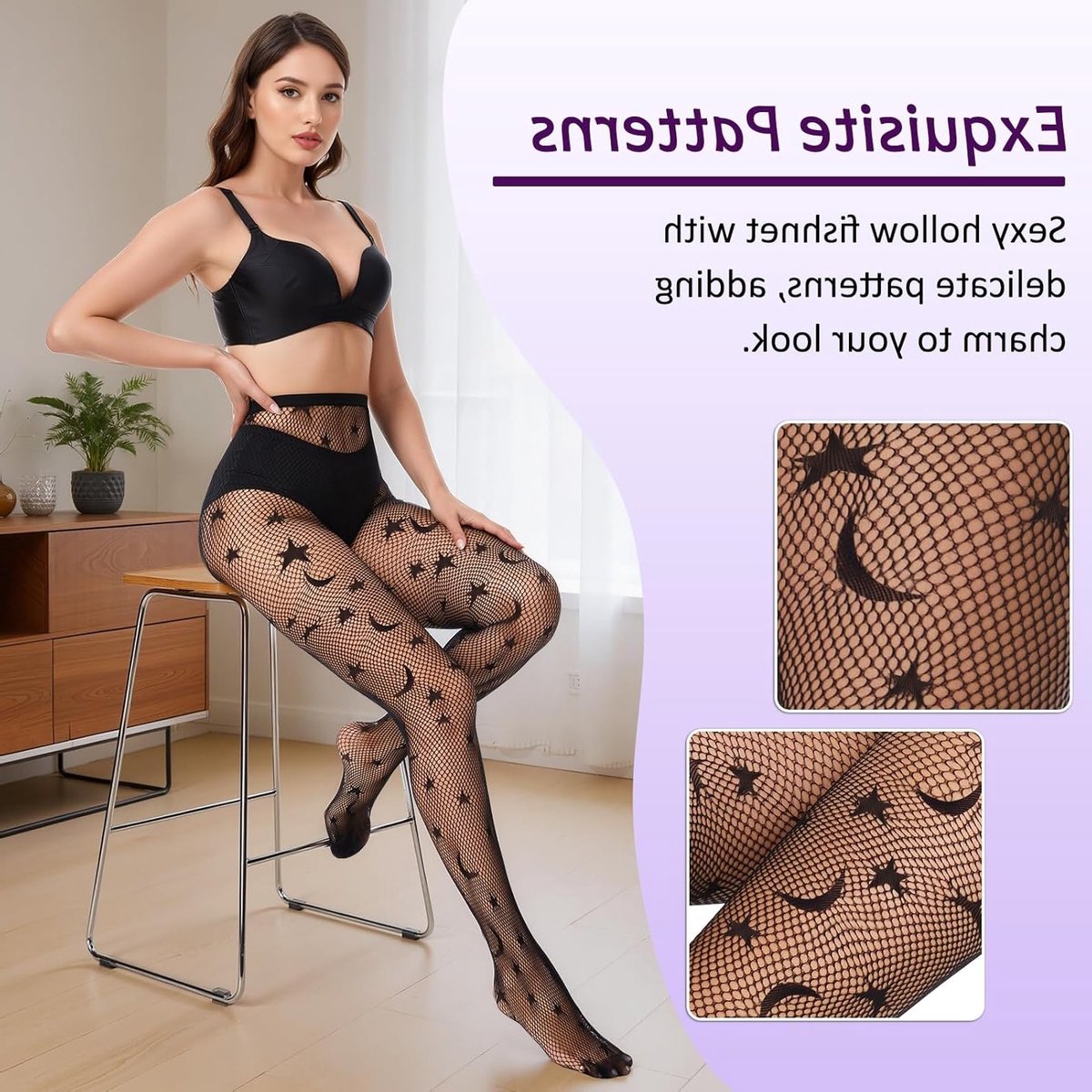 1 Paar Dames Visnet Kousen met Patroon - Sexy Elastische Hoge Sokken voor Feest, Cosplay en Halloween (Sterren en Maan) (Luipaardprint)