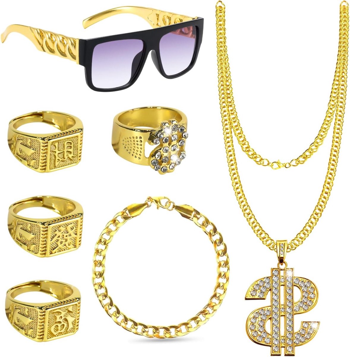 Complete Hip Hop Kostuumset met Accessoires voor Mannen - Gouden Ketting, Zonnebril en Ringen voor 80s en 90s Outfits, Perfect voor Feesten en Themed Events
