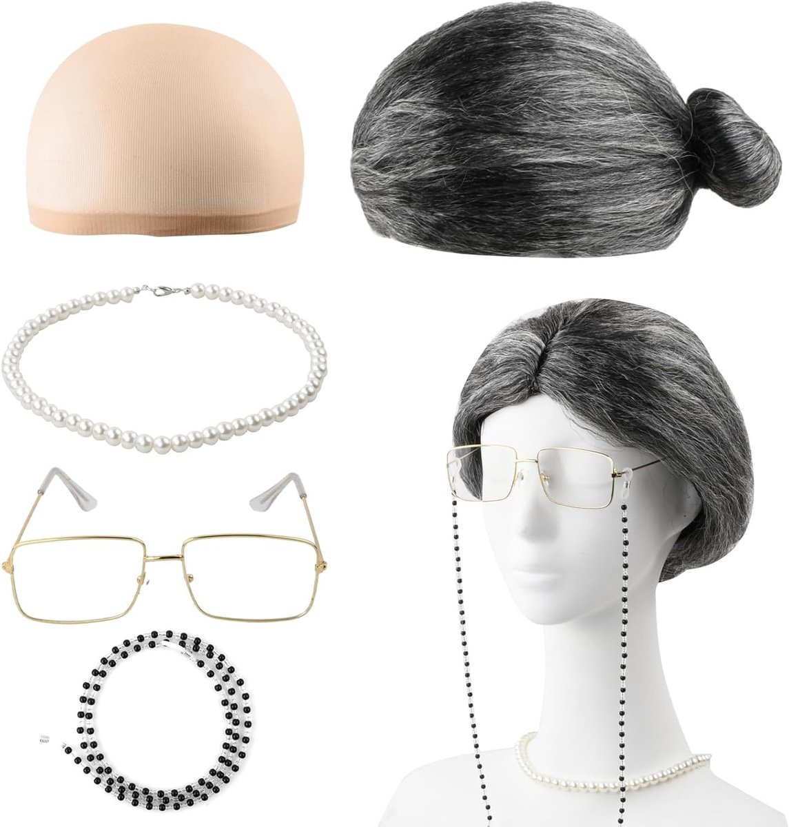 Cosplay Set van 5 Accessoires voor Grootmoeder met Grijze Peruk, Kralenketting en Bril voor Themafeesten en Carnavalskostuums