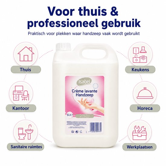 Isabel Crème Lavante Handzeep 5L, voor thuis & professioneel gebruik. Praktisch voor plekken waar handzeep vaak wordt gebruikt.
