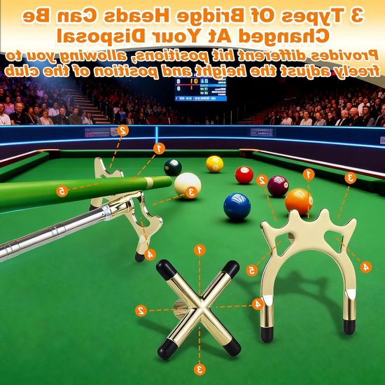Accessoires voor biljarttafels met 3 verwisselbare messing brugkoppen, 12.8~152.4cm uitschuifbare keu verlengstang en houder voor een optimale snookerervaring — afbeelding 5