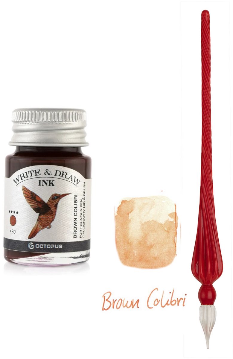 Glazen dip pen set in doosje - Rood - Potje Octopus inkt brown colibri
