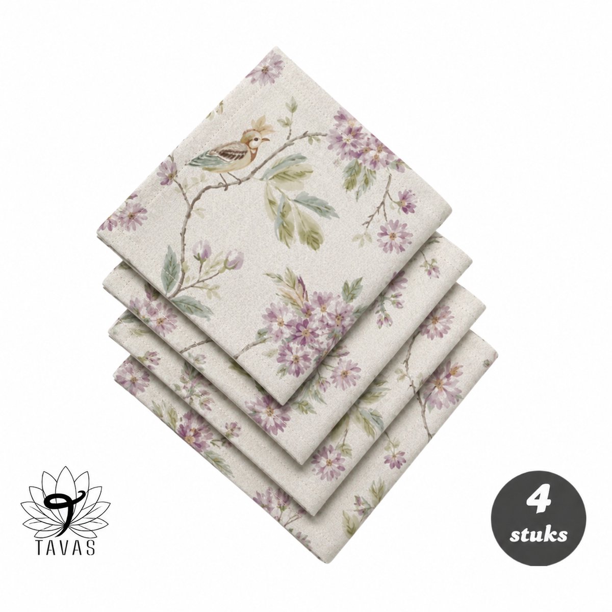Tavas Servetten - 30 x 30 cm - Set van 4 stuks - Crèmewit - Vogeltuin - Katoen