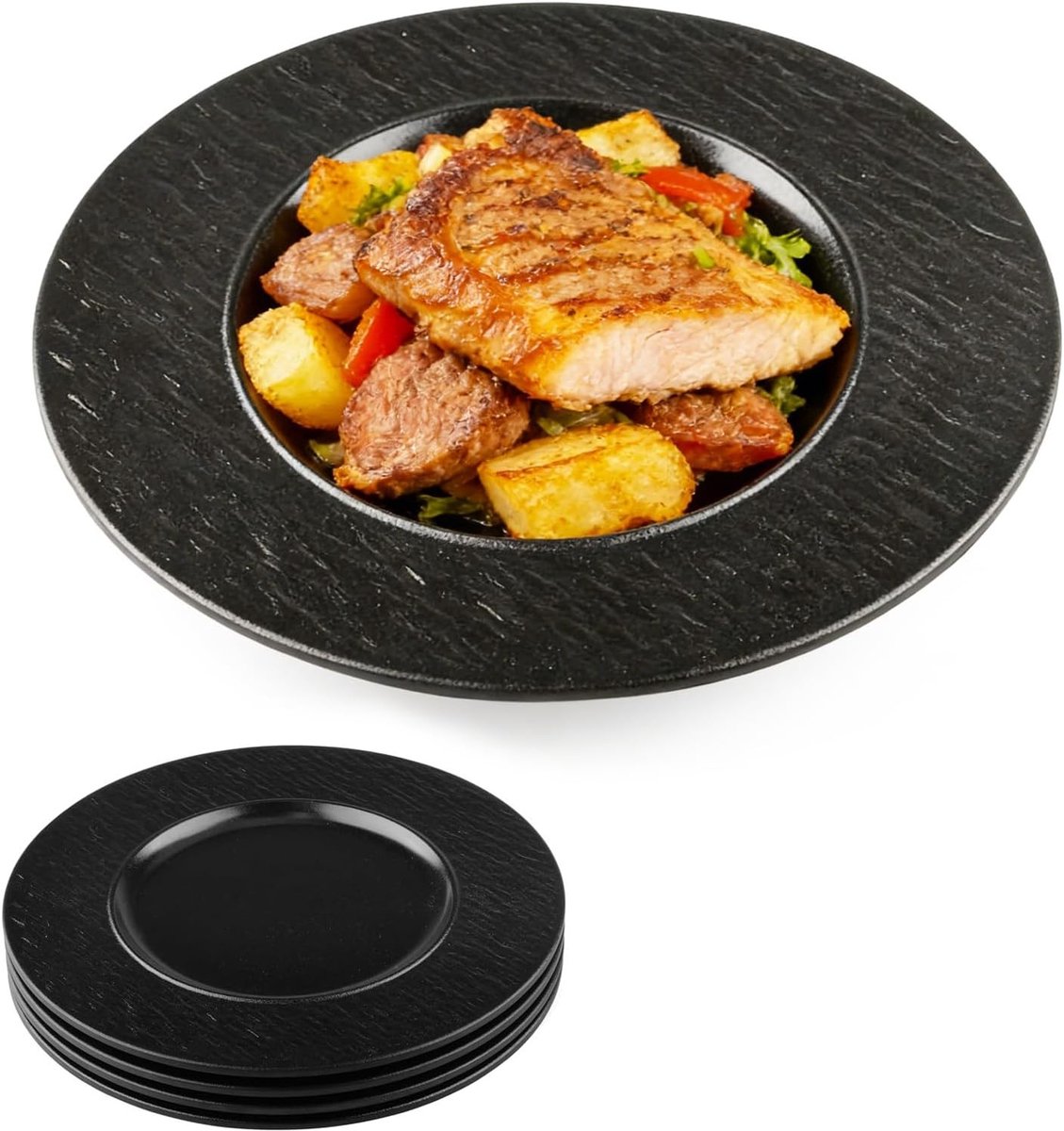 Set van 4 Zwarte Melamine Borden van 21,5 cm voor Diner en Dessert, Ideaal voor Dagelijks 