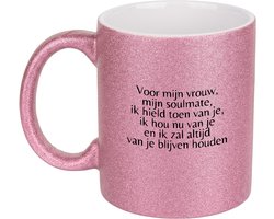 Hacebo® - voor mijn vrouw, mijn soulmate, ik hield toen van je, ik hou nu van je en ik zal altijd van je blijven houden koffiebeker glitter roze - - thee mok - koffie beker - koffiemok - 350 ML inhoud