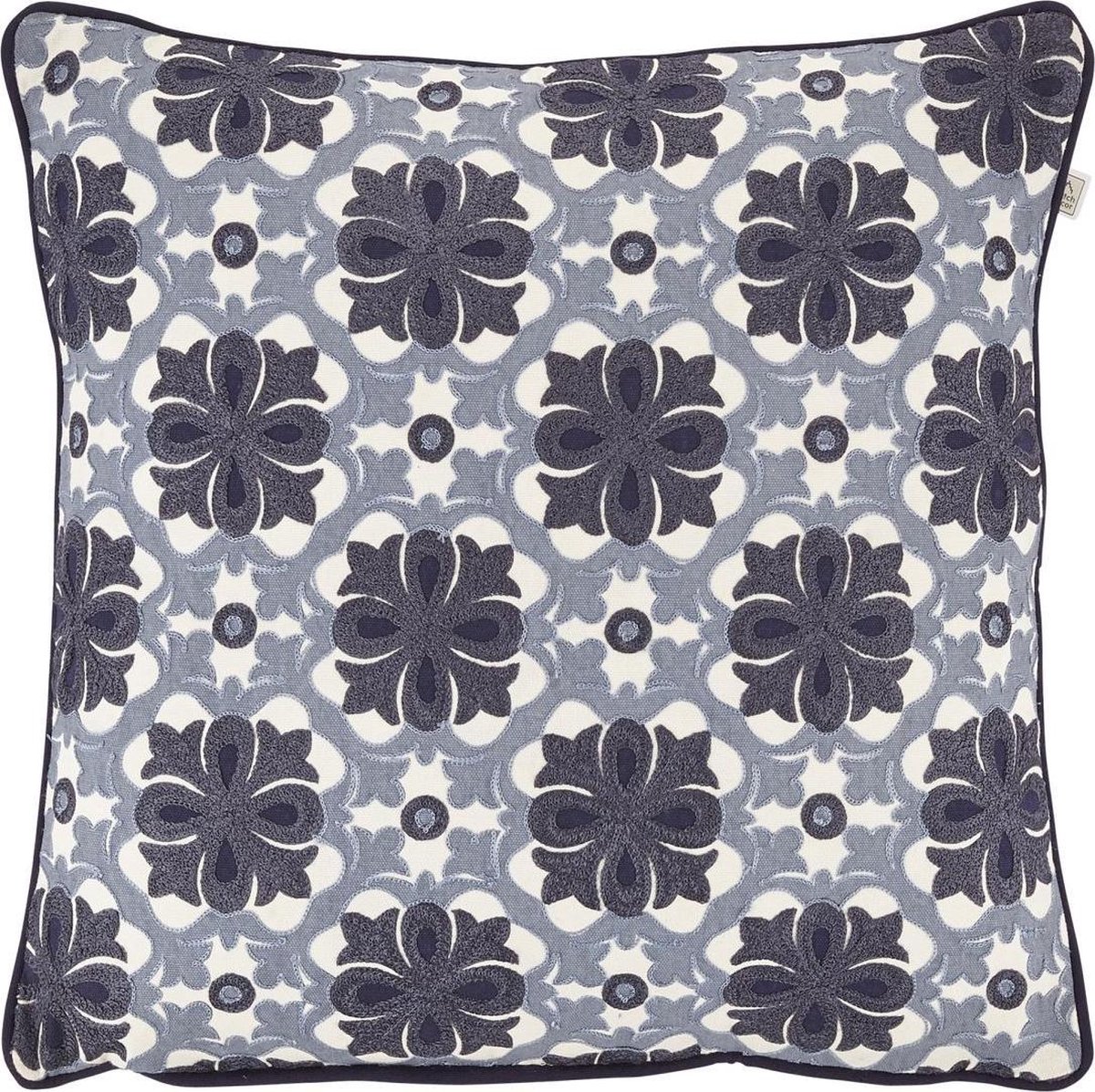 Dutch Decor DALOU - Sierkussen geborduurd 45x45 cm - donkerblauw - wit - grijs - barok dessin - 100% katoen - Inclusief binnenkussen