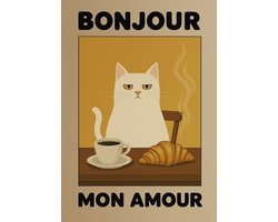 Bonjour Mon Amour Poster met Lijst A3 – Kat met Croissant & Koffie – Franse Humor – 30 x 40 cm – Retro Keukendecoratie – Cadeau voor Koffie- & Kattenliefhebbers