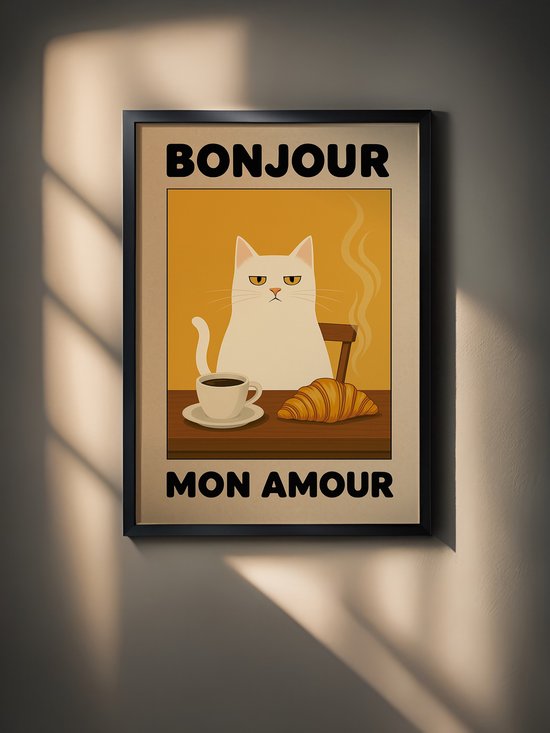 Black Cat Morning Coffee Wall Art – Funny gapende kat print, retro poster koffiebar, zwart-wit keukendecor - België