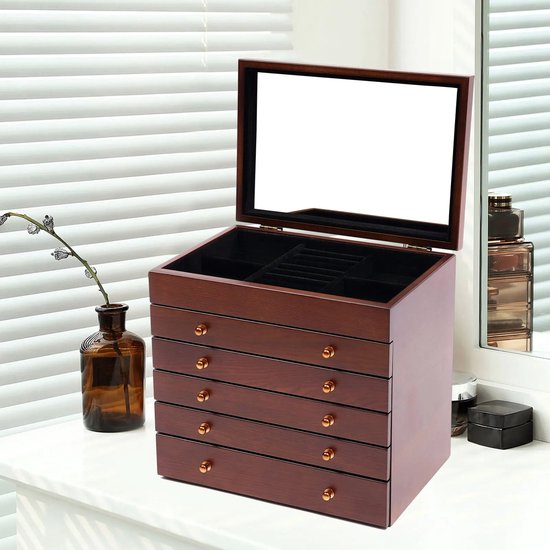 Sieradendoos 3/4/5 lagen Grote houten sieradendoos/kast/kast met slot en spiegel Sieradendoos voor vrouwen Meisjes Ringketting Sieraden Display Opbergdoos (Size: Large
