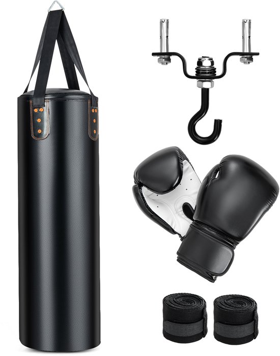 COSTWAY Zware bokszak voor volwassenen, 4-in-1 bokszak hangend met 12 oz bokshandschoenen, wraps, ketting en plafondhaken, punching bag 110 cm voor MMA, kickboksen, Muay Thai, karate, taekwondo