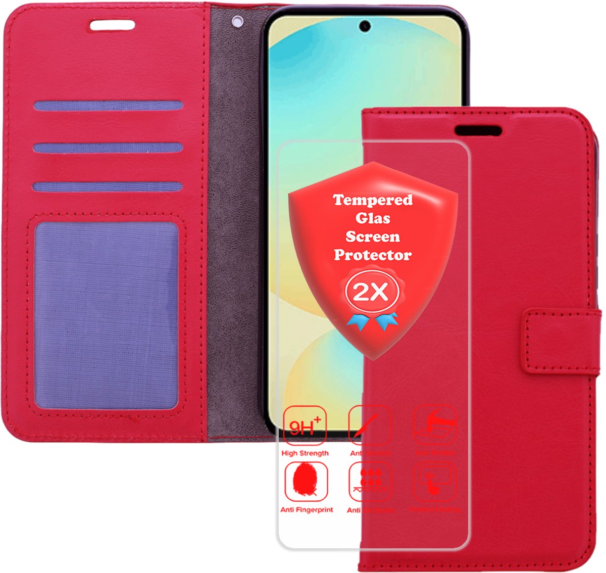 Bookcase Geschikt voor: Samsung Galaxy A17 5G & Samsung Galaxy A26 Rood - Portemonnee hoesje met 2x Glas Screen protector - Book Cover
