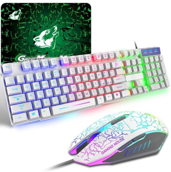 StayPowered Gaming Toetsenbord, Muis & Muismat Set - Maximale Prestaties en Stijl voor Gamers! - LED Verlichting - QWERTY Gaming Layout - Instelbare Verlichting - Antislip Grip - Plug and Play - Wit - Levering Sneller dan Aangegeven!