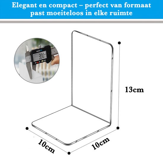 Lijnschets van een transparante acryl boekensteun met afmetingen: 10cm x 10cm x 13cm.