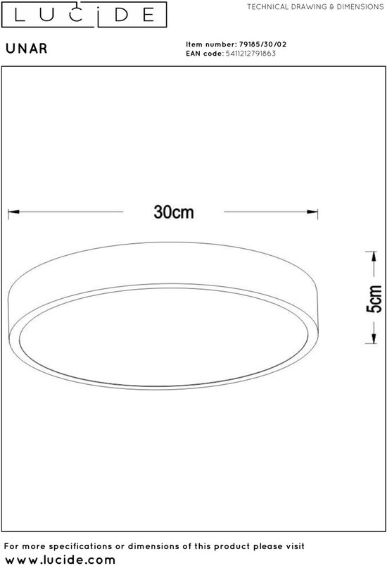 Technische tekening van de gouden plafondlamp 'UNAR', diameter 30cm, hoogte 5cm.