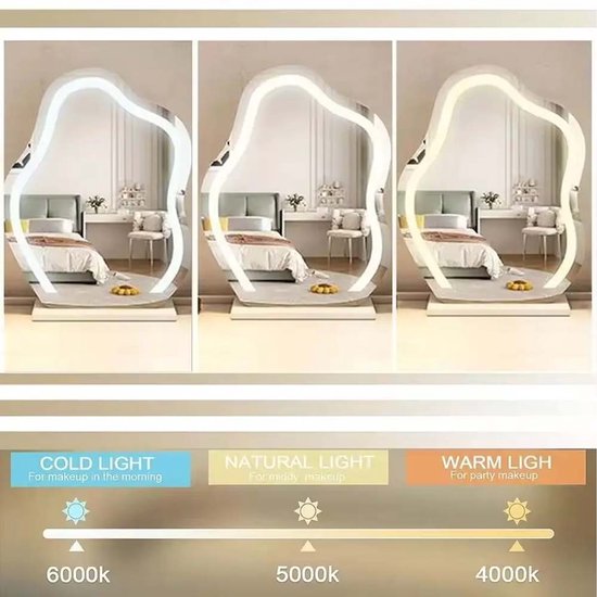 Een collage toont de drie lichtkleuren (6000k, 5000k, 4000k) van een golvende spiegel met ledverlichting, die wordt gebruikt voor make-up.