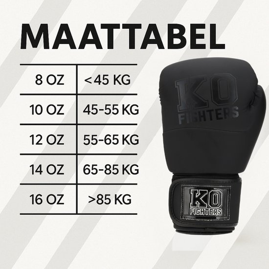Zwarte bokshandschoenen met 'KO FIGHTERS' logo naast een maattabel.