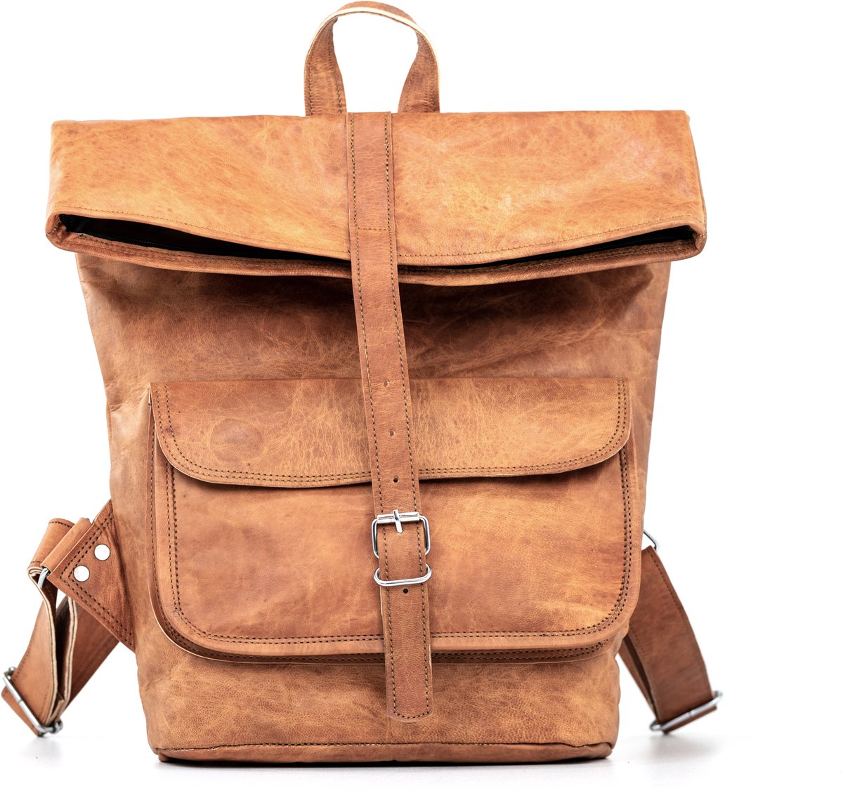 Rolltop Rugtas van Echt Leer – Cognac Bruin Echte Leder - Ruwe Urban Vintage Look – 50 x 35 x 12 cm / Laptop 16 inch / A3 Documenten – Entreríos Model 021