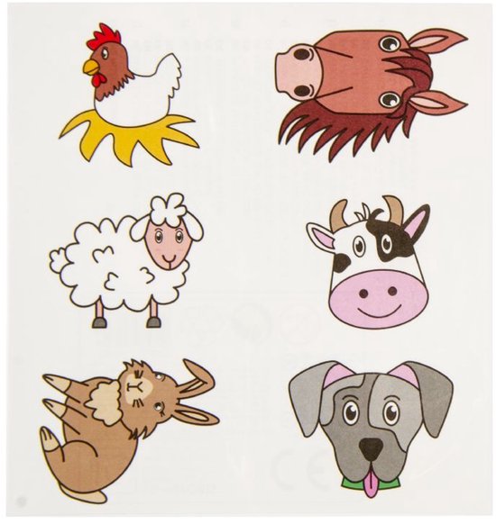 Feuille de tatouage avec des animaux de ferme : poulet, cheval, mouton, vache, lapin, chien.