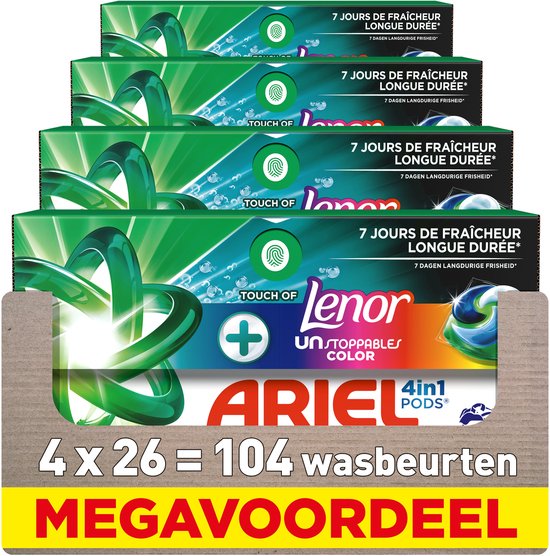 Ariel 4in1 Wasmiddel Pods +Touch Of Lenor Unstoppables Color - 4 x 26 Wasbeurten